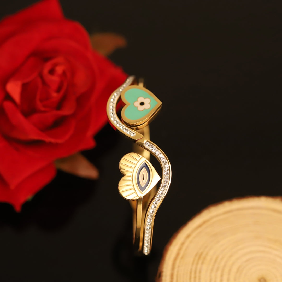Dual Heart Evil Eye Charm Bangle – Premium Anti-Tarnish Bracelet