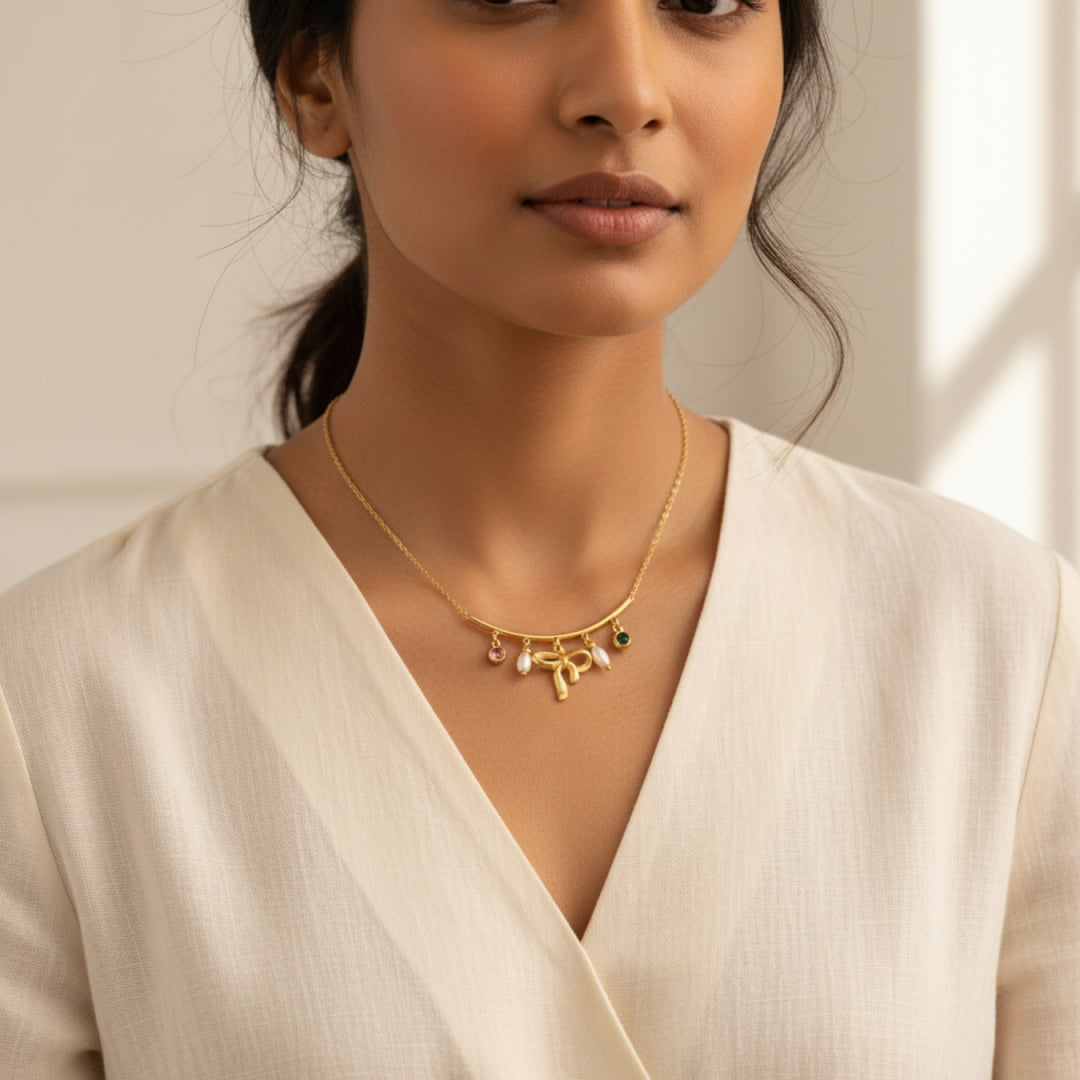 Elegant Bow Charm Necklace with Pearl & Crystal Drops