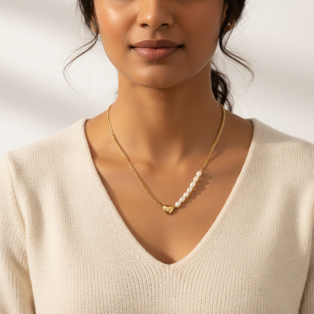 Pearl & Heart Dual Chain Necklace – Anti-Tarnish Luxury
