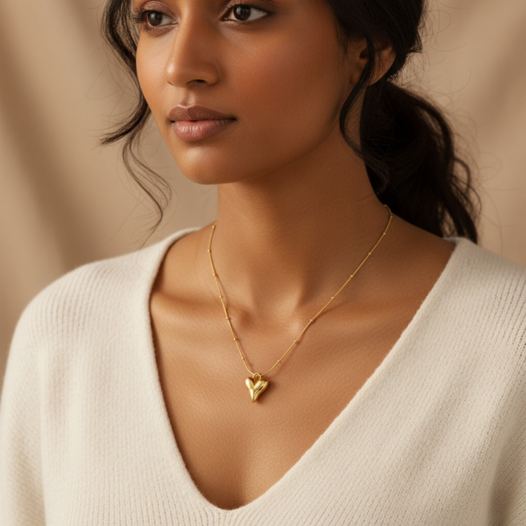 Glossy Gold Puff Heart Pendant Necklace – Anti-Tarnish