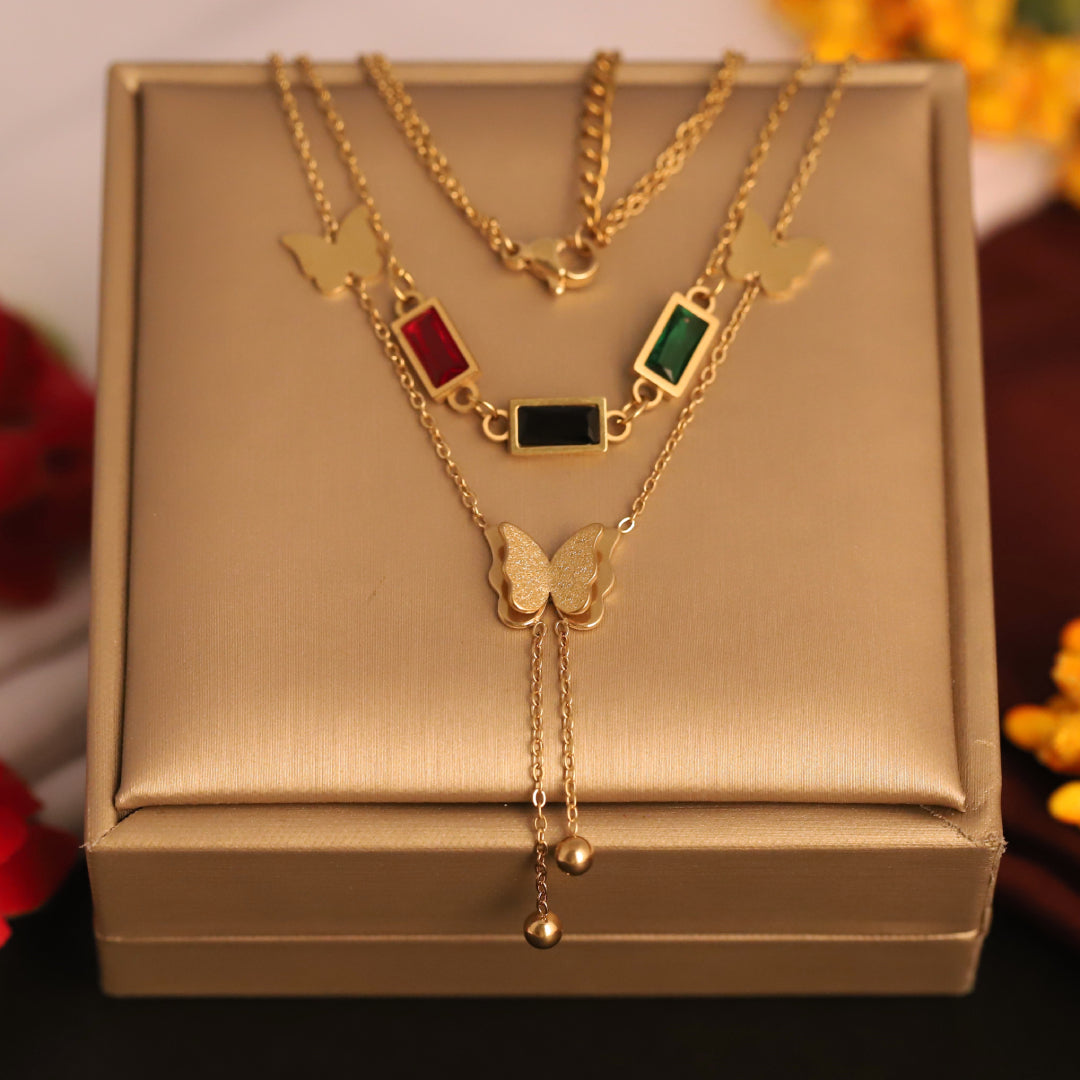 Tri-Stone Butterfly Charm Layered Necklace – Gold Plated