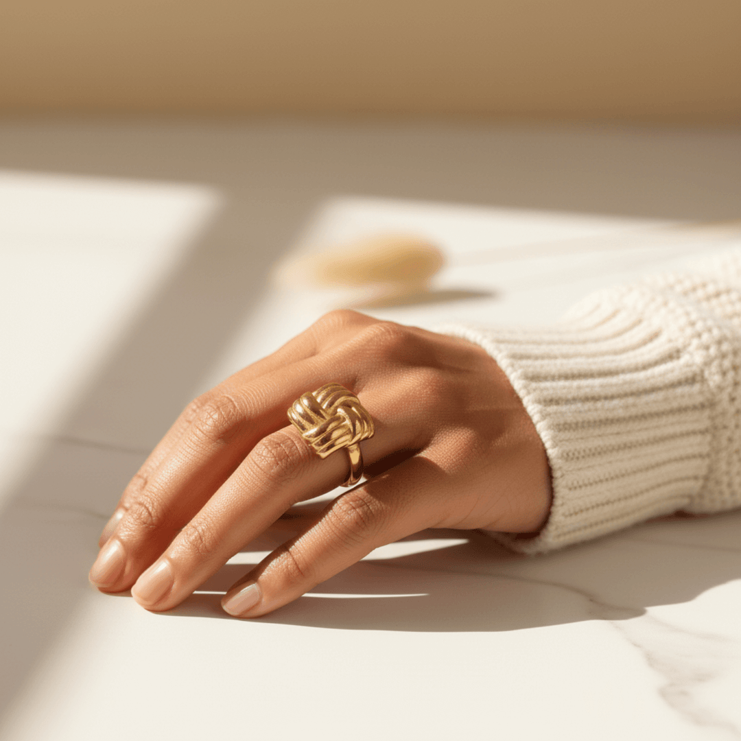 Golden Woven Knot Ring