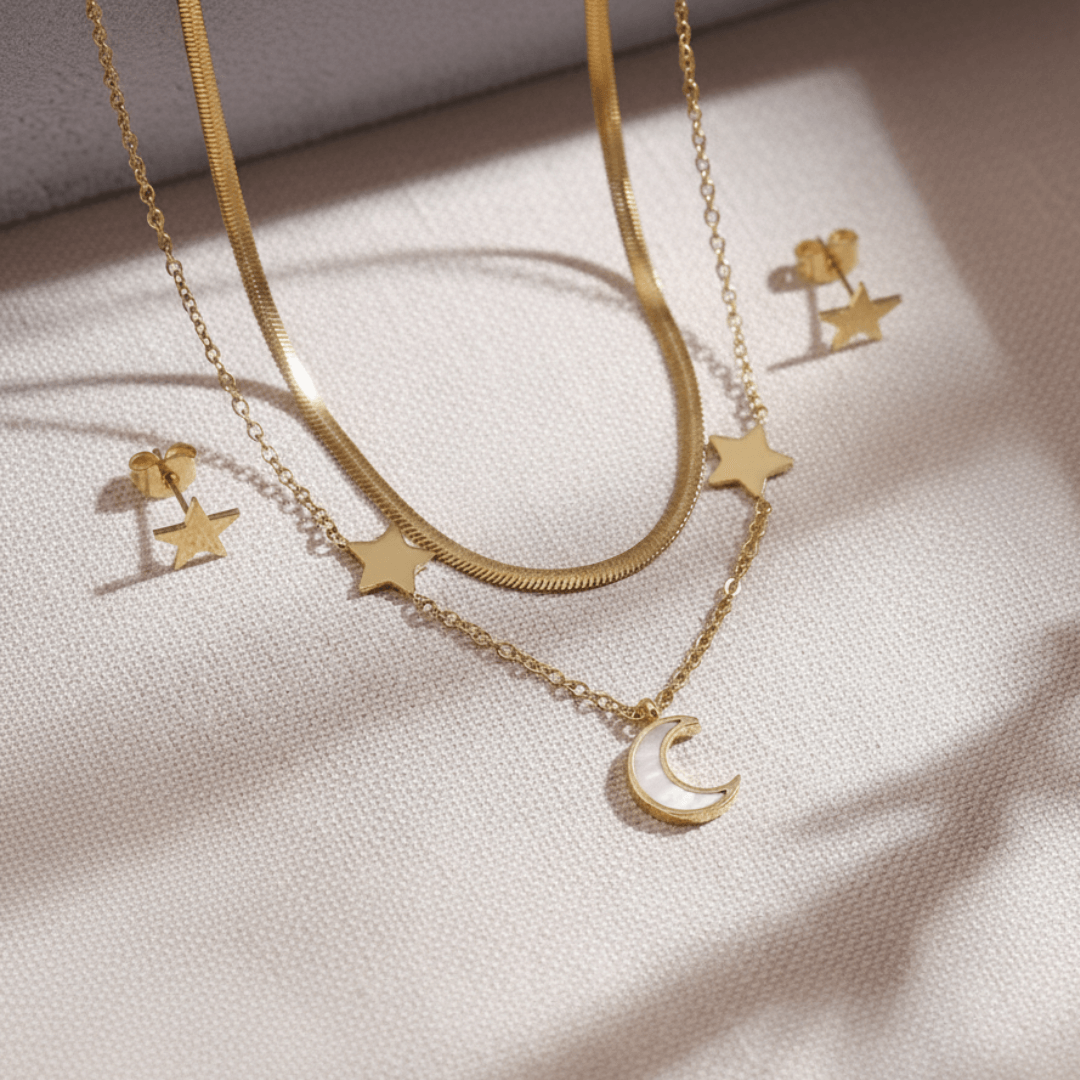 Celestial Shine Moon & Star Layered Necklace with Matching Earrings