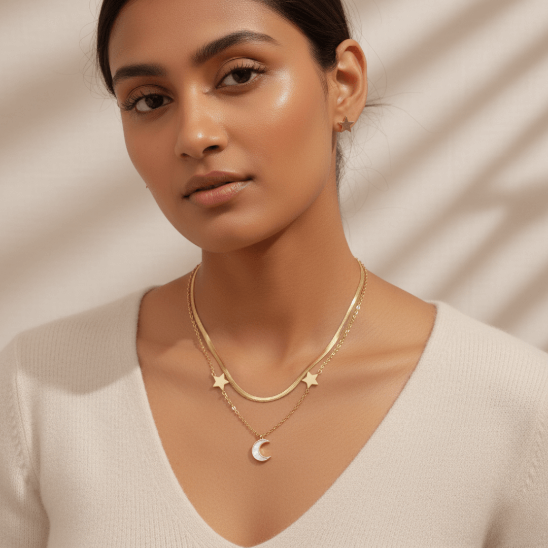Celestial Shine Moon & Star Layered Necklace with Matching Earrings