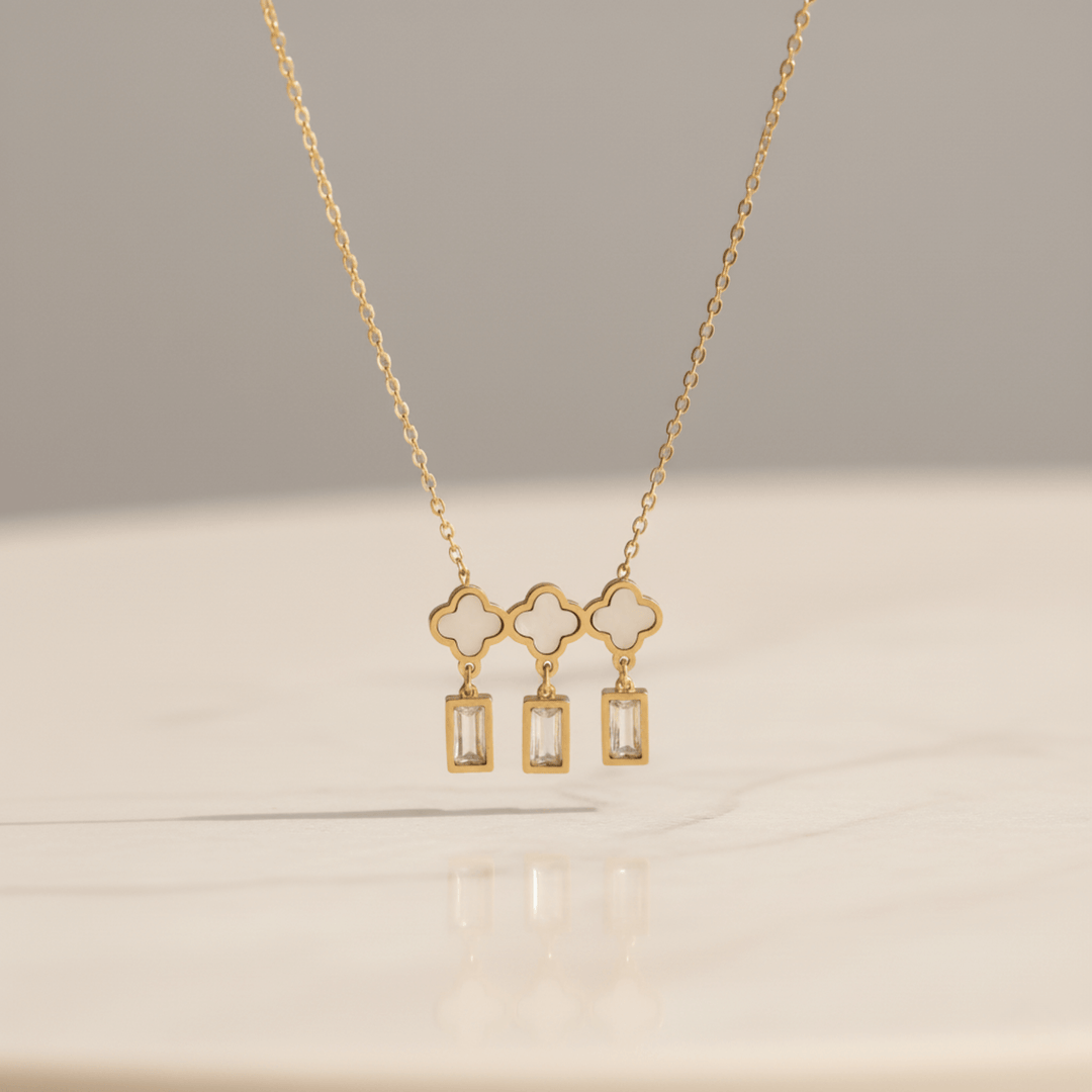 Golden Triple Clover & Crystal Drop Necklace