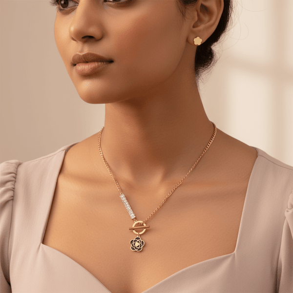 Black Enamel Floral Pendant Necklace & Cloud Stud Earrings Set