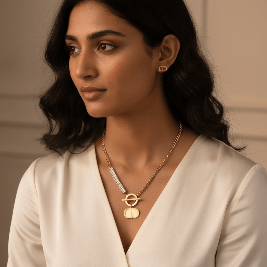 Premium Toggle Chain Necklace with Designer Charm & Crystal Bar