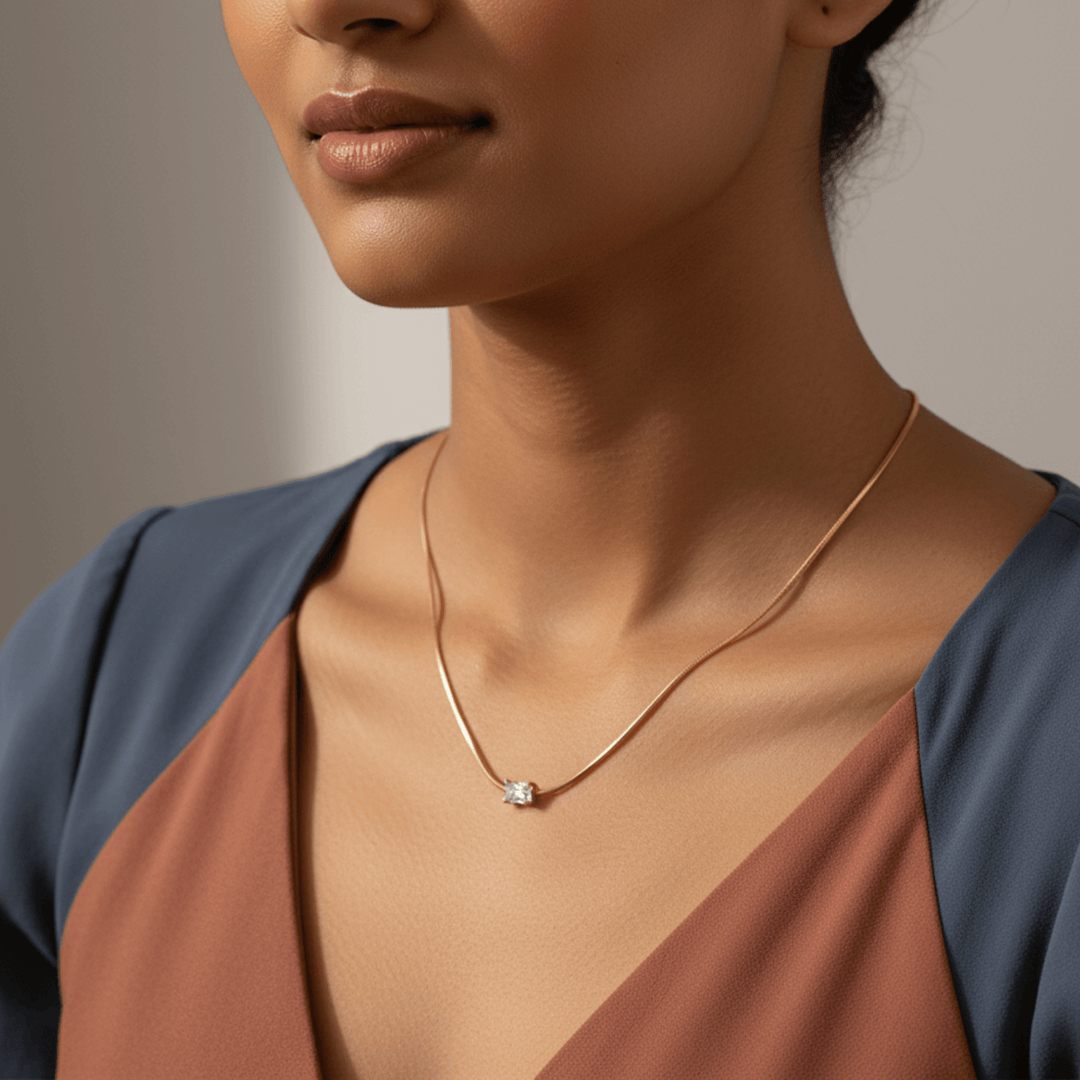 Golden Solitaire Square Pendant Snake Chain Necklace