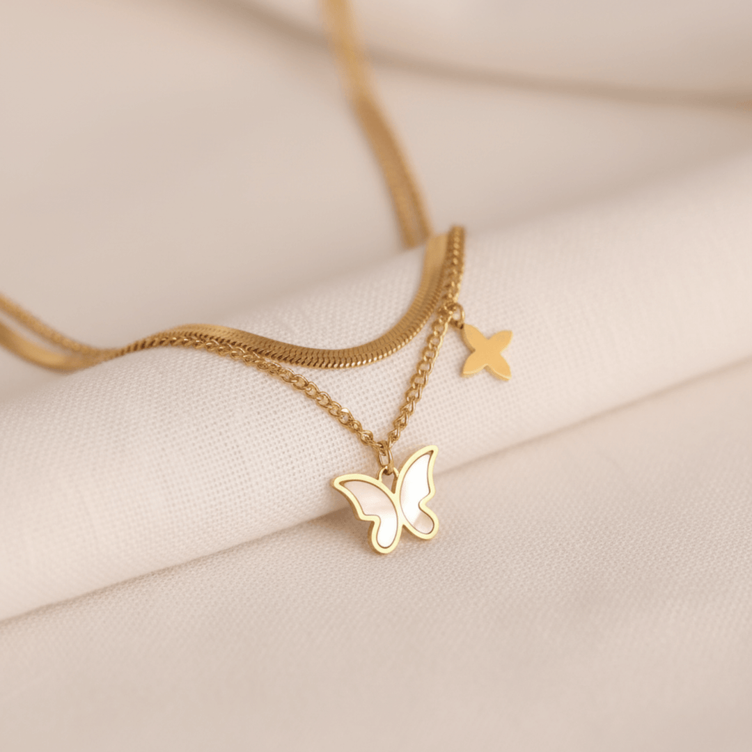 Golden Triple Layer Butterfly Charm Necklace