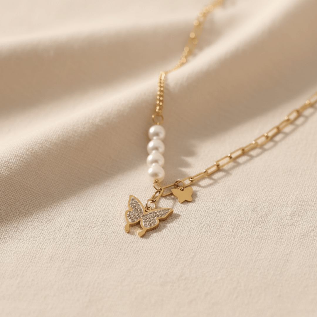 Golden Pearl & Butterfly Charm Layered Necklace