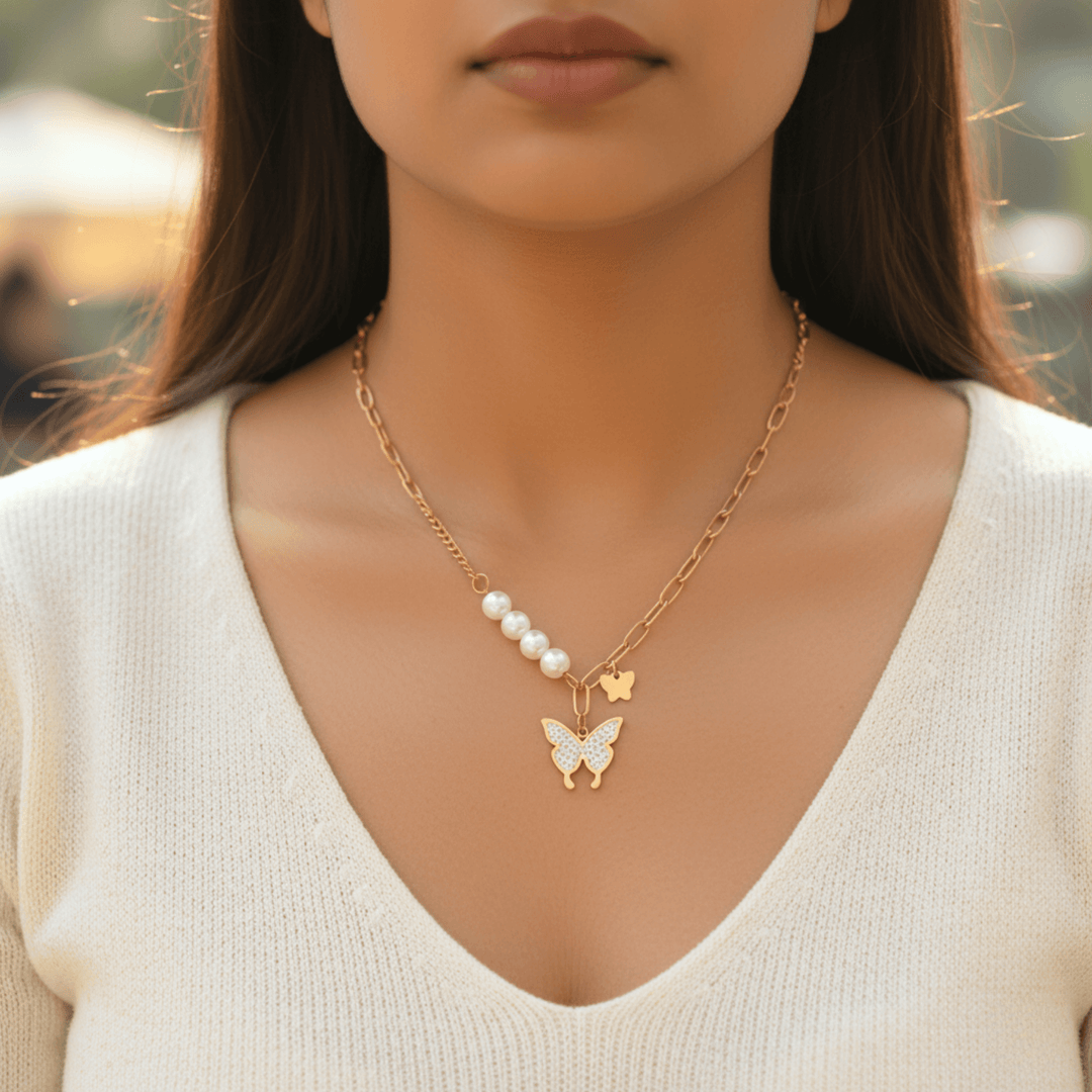 Golden Pearl & Butterfly Charm Layered Necklace