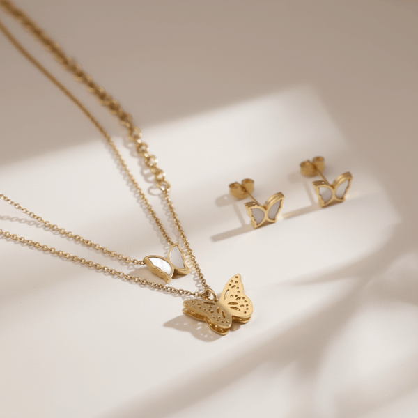 Elegant Double-Layer Butterfly Necklace & Earring Jewelry Set – Gold Plated