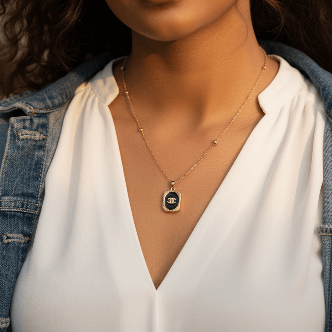 Luxe Black Emblem Pendant Necklace Anti-Tarnish Gold