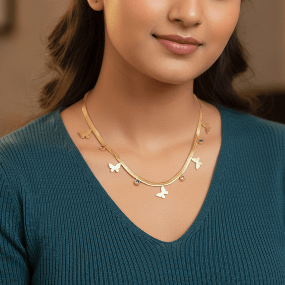 Gold Plated Multi-Butterfly Charm Necklace with Colorful Crystal Drops