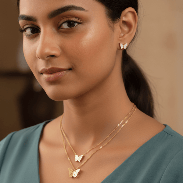 Elegant Double-Layer Butterfly Necklace & Earring Jewelry Set – Gold Plated