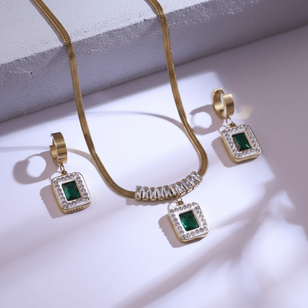 Royal Emerald Square Pendant Necklace & Earrings Jewelry Set