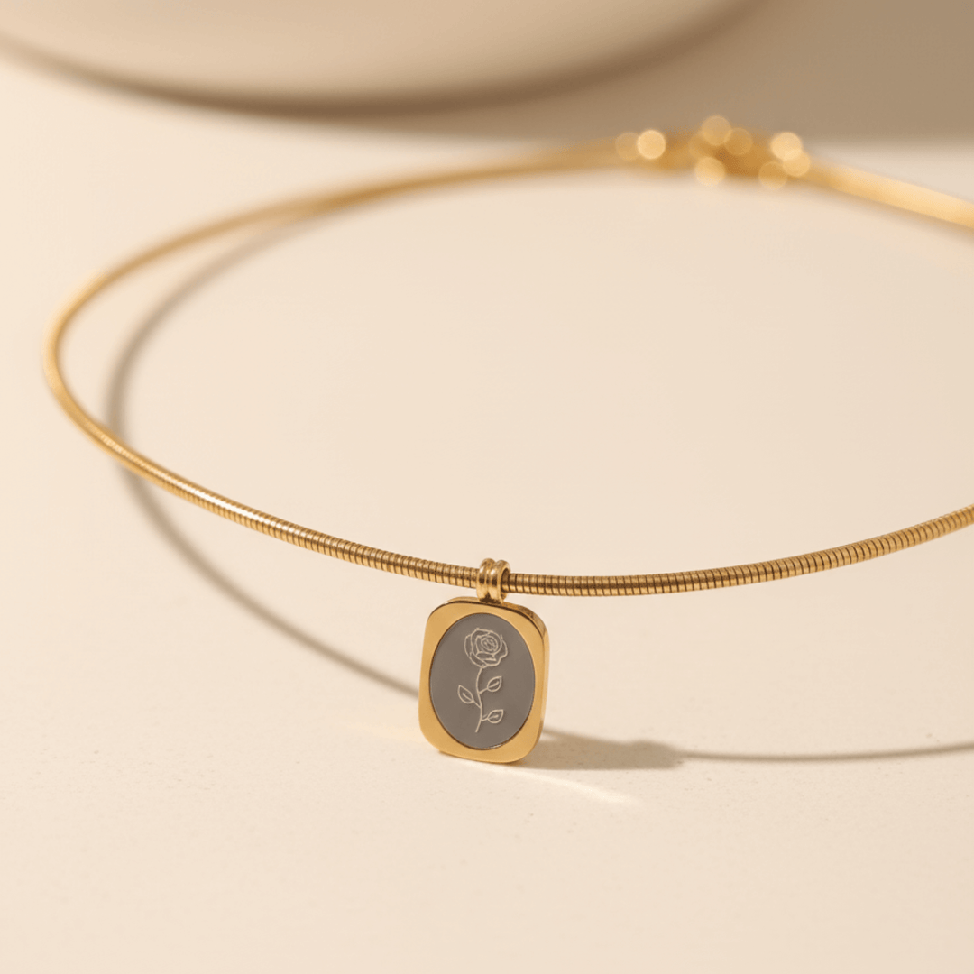 Bloom with Grace” Rose Engraved Charm Choker – Anti-Tarnish Gold Necklace