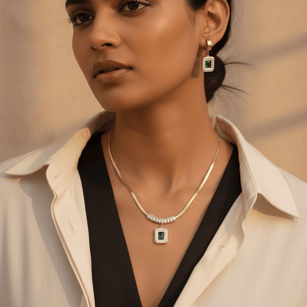 Royal Emerald Square Pendant Necklace & Earrings Jewelry Set