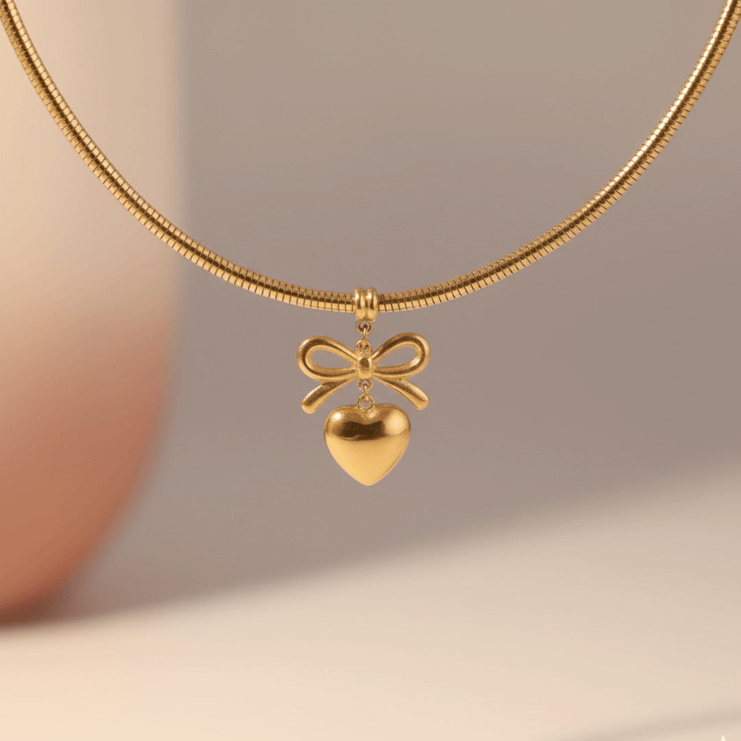 Golden Bow Heart Charm Snake Chain Choker – Premium Anti-Tarnish