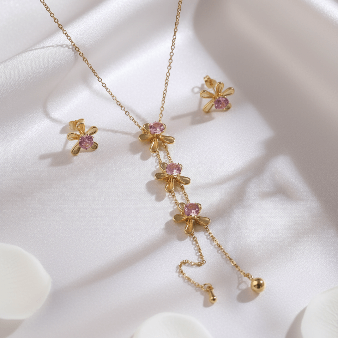 Blossom Pink Crystal Floral Necklace & Earrings Set