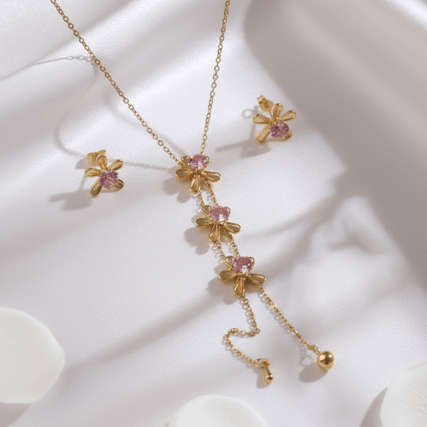 Blossom Pink Crystal Floral Necklace & Earrings Set