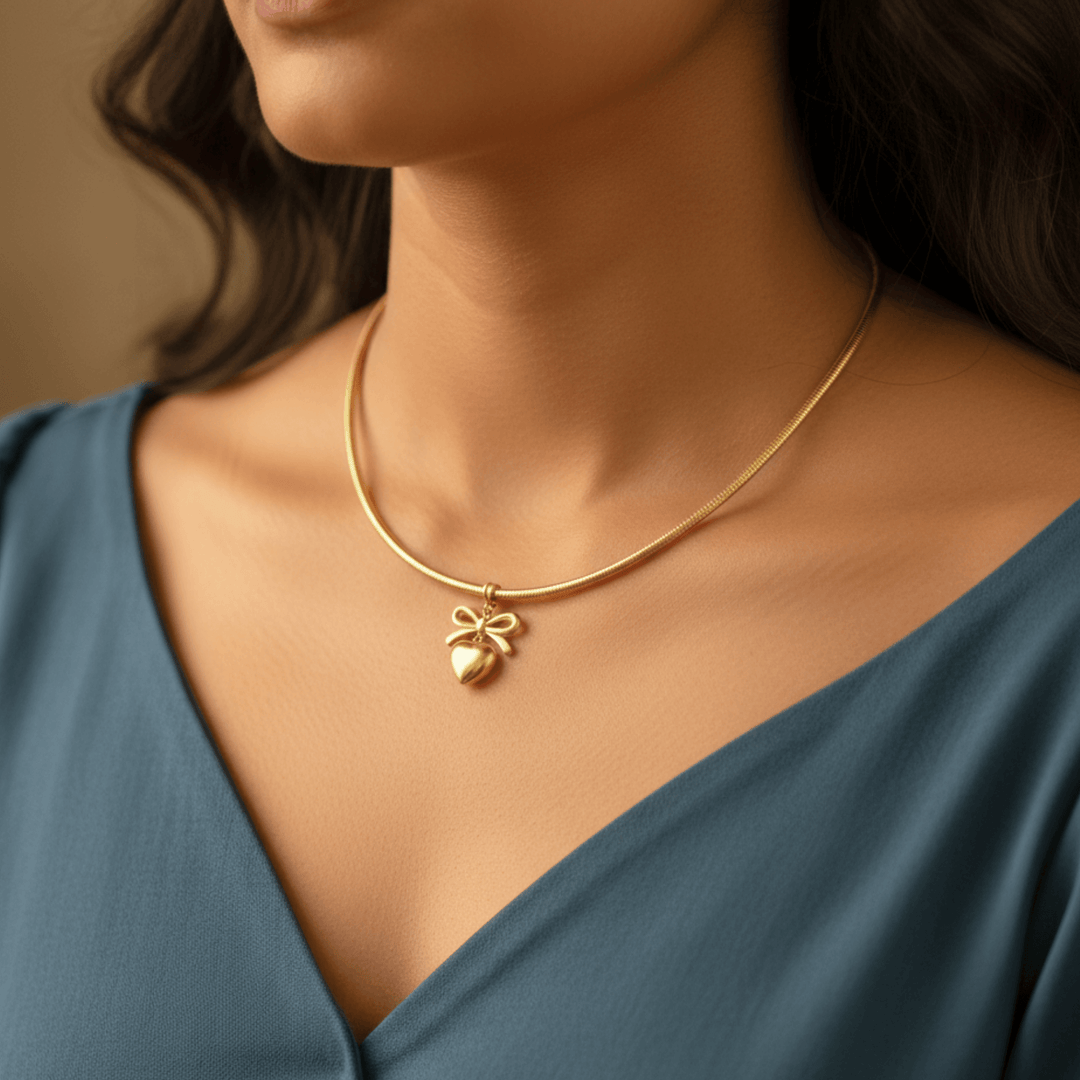 Golden Bow Heart Charm Snake Chain Choker – Premium Anti-Tarnish
