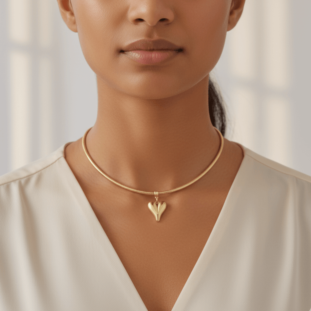 Sleek Golden Curved Heart Pendant Snake Chain Choker