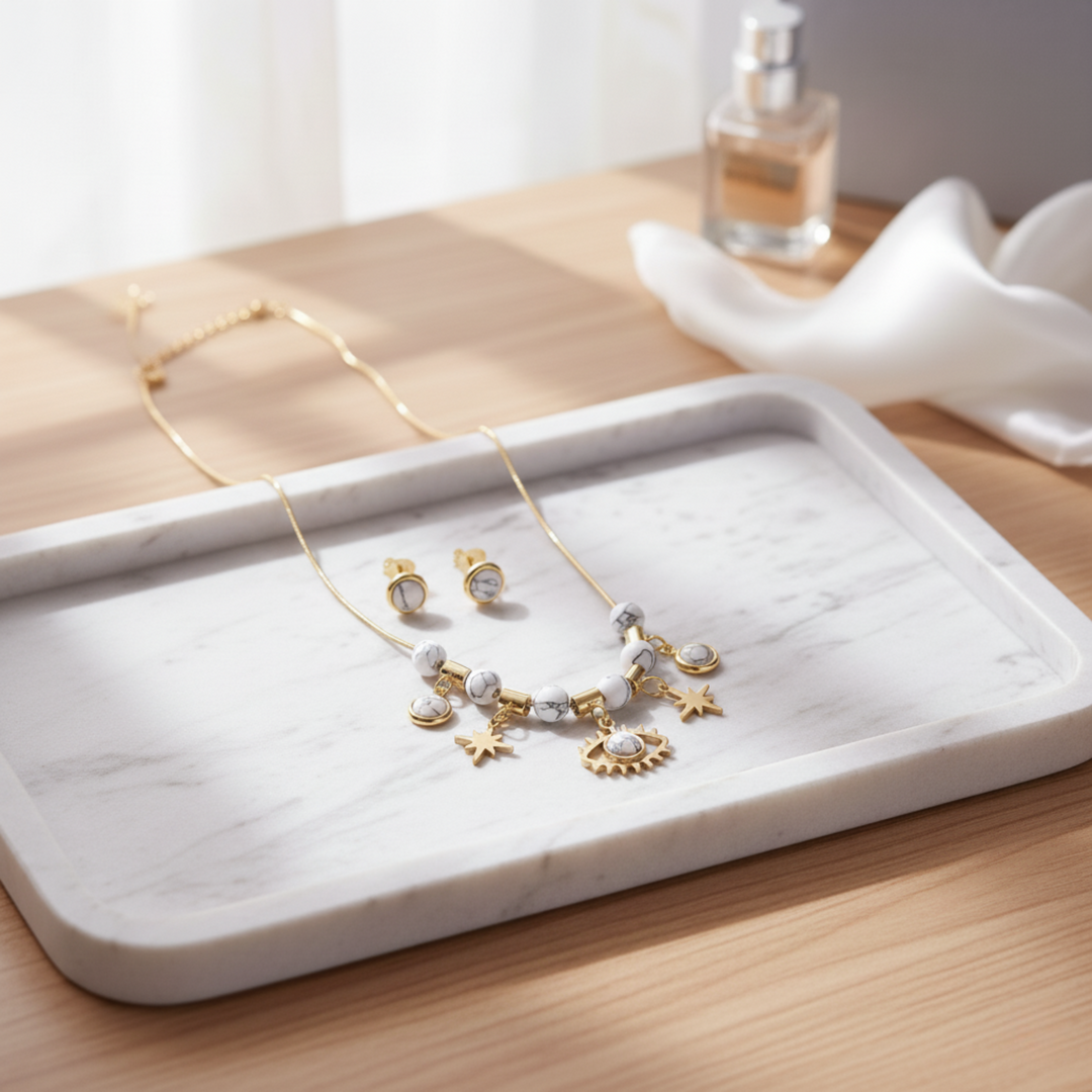 Mystic Eye Charm Necklace Set with White Marble Beads