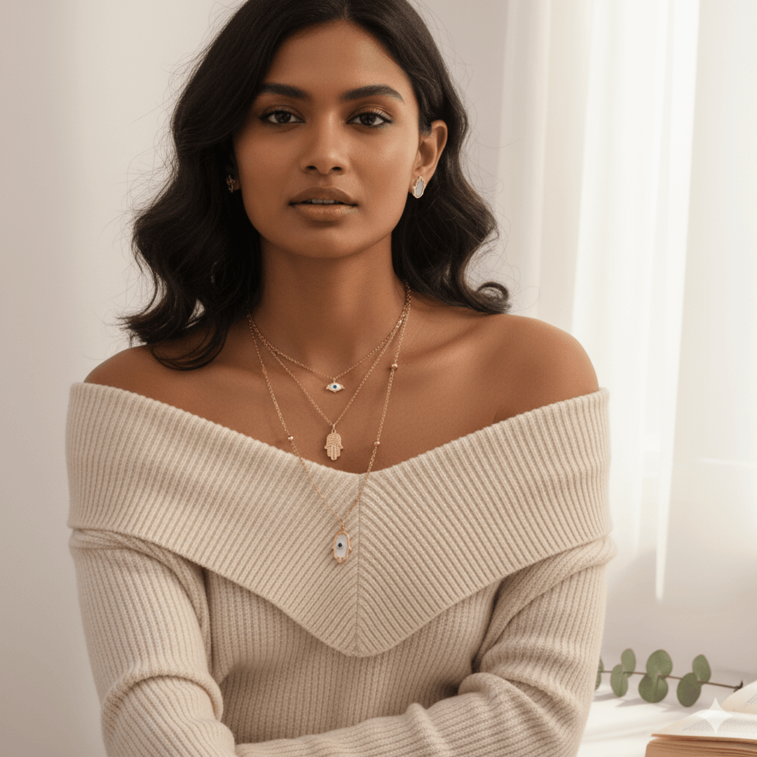 Golden Hamsa Hand Layered Necklace Set