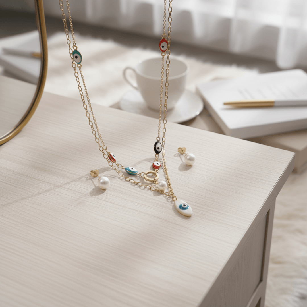 Mystic Evil Eye Layered Necklace Set with Pearl Earrings