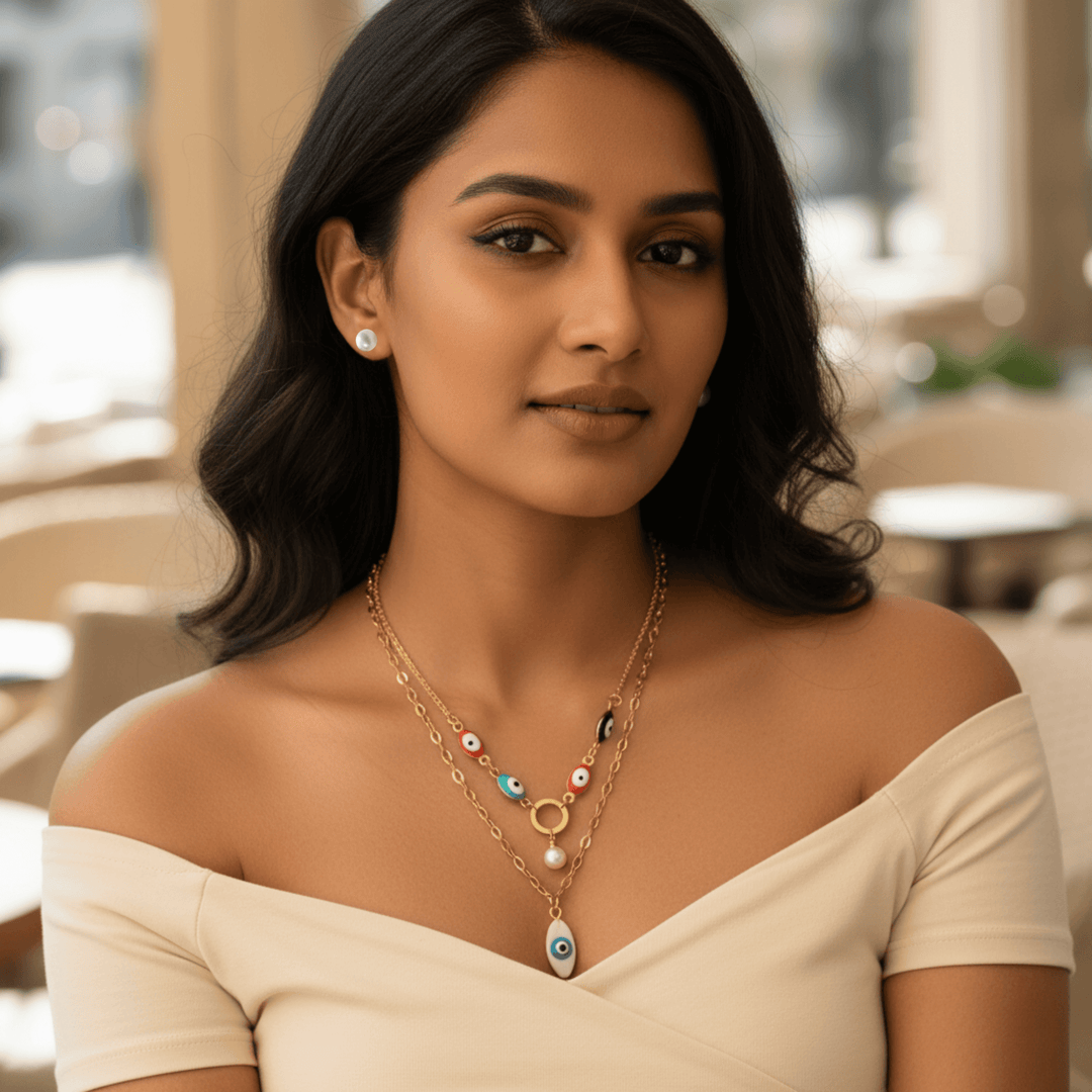 Mystic Evil Eye Layered Necklace Set with Pearl Earrings