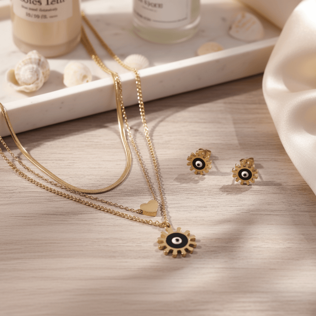 Golden Radiance Evil Eye Layered Necklace Set