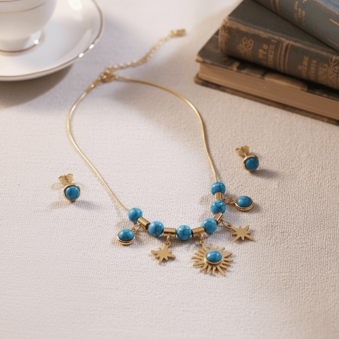 Golden Sunburst & Star Charm Necklace Set with Blue Beads