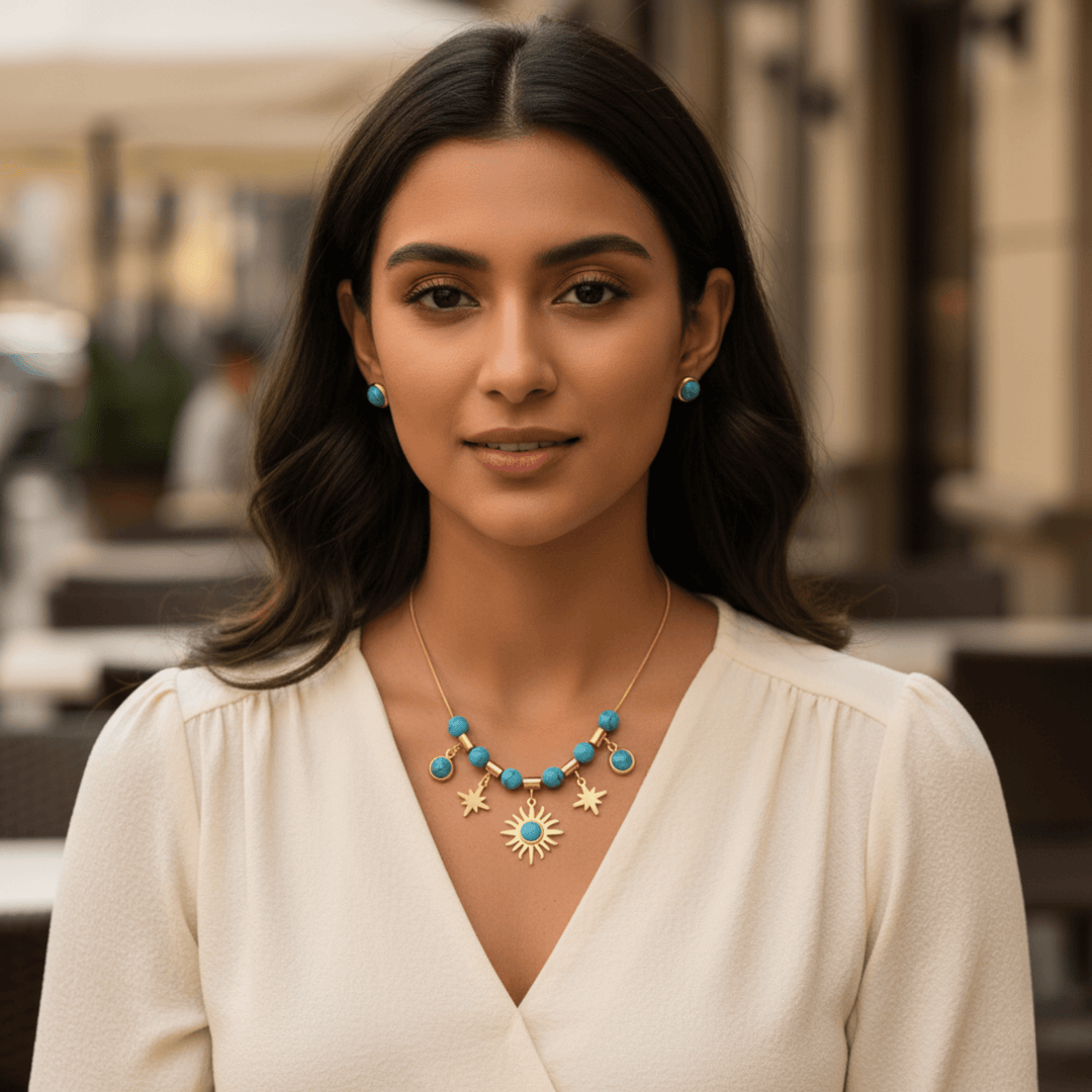 Golden Sunburst & Star Charm Necklace Set with Blue Beads