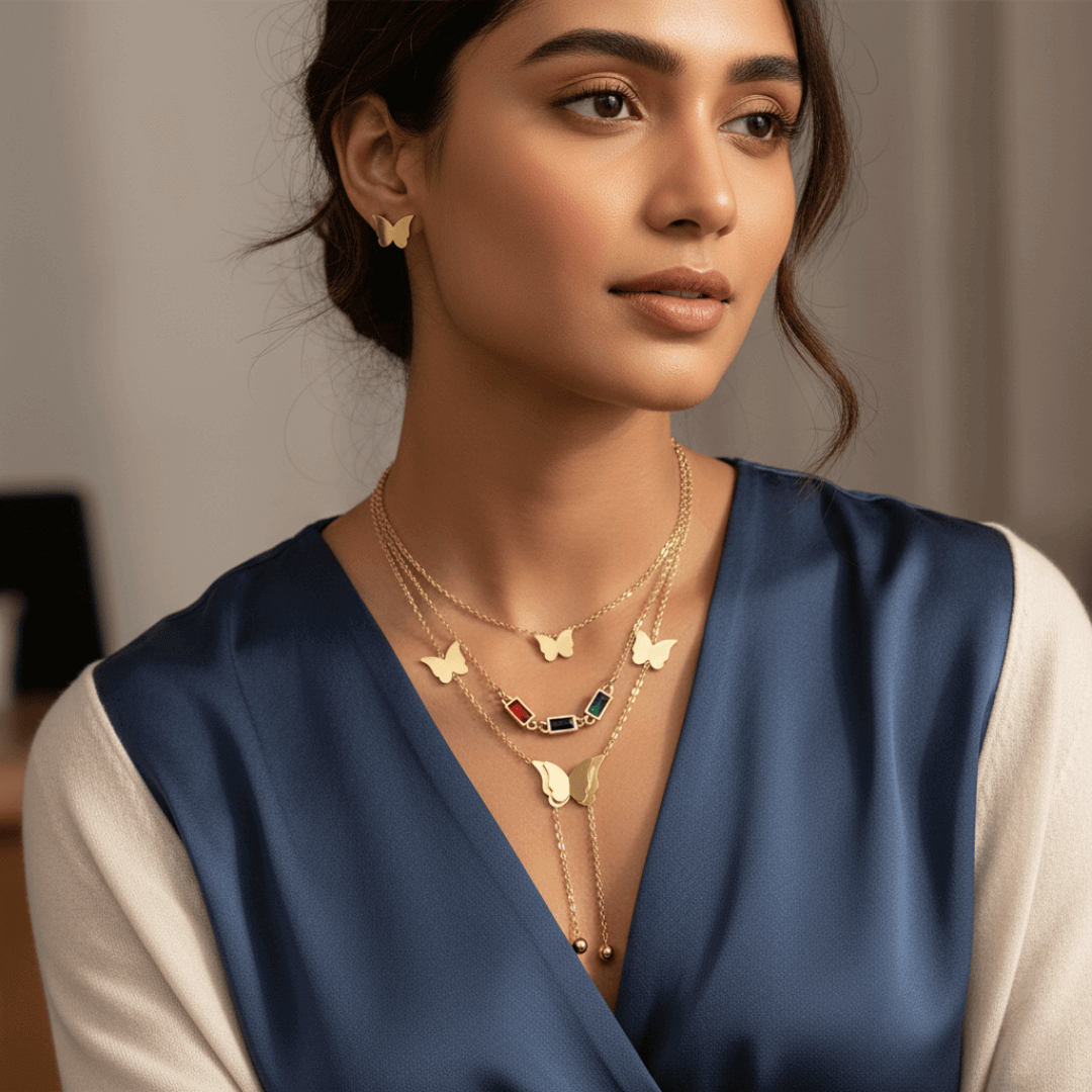 Luxe Butterfly Trio Necklace & Earrings Set with Colorful Charms