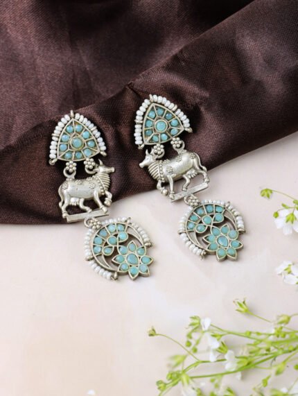 Turquoise Stones Earrings with Cow Motif